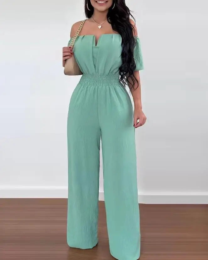 Jumpsuits for Women 2025 Spring Fashion Off Shoulder Casual Plain Short Sleeve Shirred Waist Daily Long Wide Leg Jumpsuit 2025