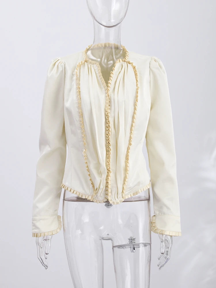 Solid Satin Lace V-Neck Puff Sleeve Blouse Curved Hem Slim Fit 2026 Summer Glam Women Satin Shirt Parisian Versatile Lady Blusa