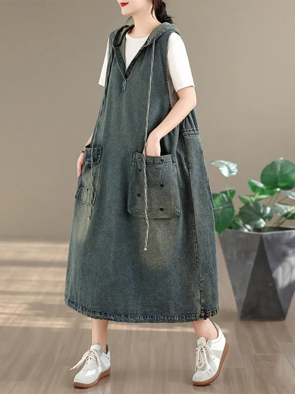 Original Denim Suspender Dres for Women Summer Fashion Vintage Big Pocket Mid-long Frocks Female Hip Hop Baggy Streetwear