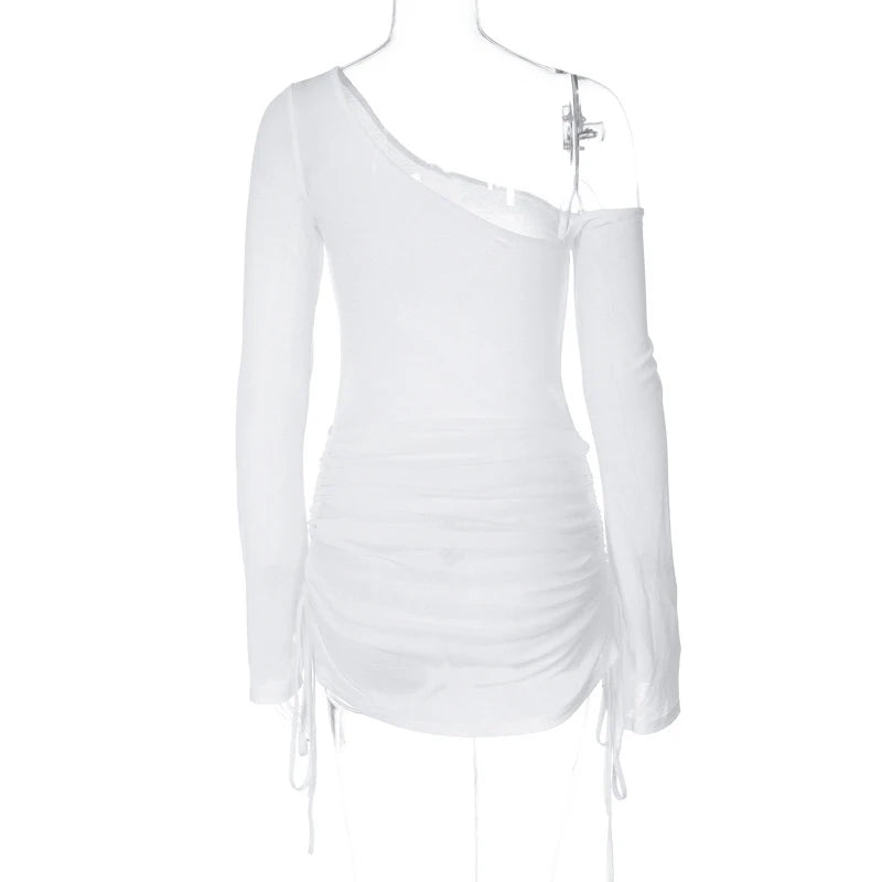 Women's Solid Skew Collar Ruched Straps Lace-Up See through Draw String Mini Dress Summer 2025 Party Clubwear