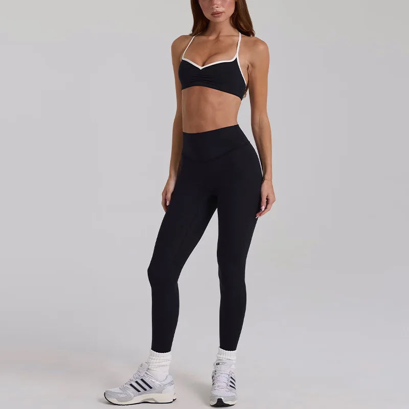 Women 2 Piece Yoga Set Ruched Front T Back Sports Bra High Waist Leggings Soft Stretchy Nude Fabric Gym Running Workout Outfit