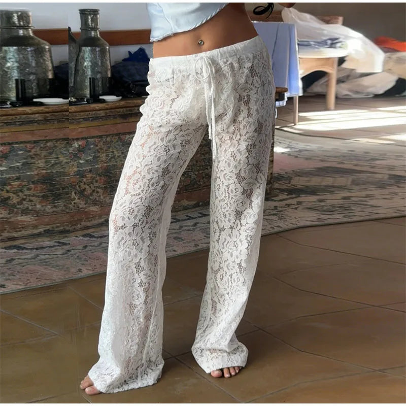 Sheer Floral Lace Tie Balloon Trousers High Waist 2026 Spring/Autumn Elegant Women Bottoms Fashion Chic Holiday Versatile Pants