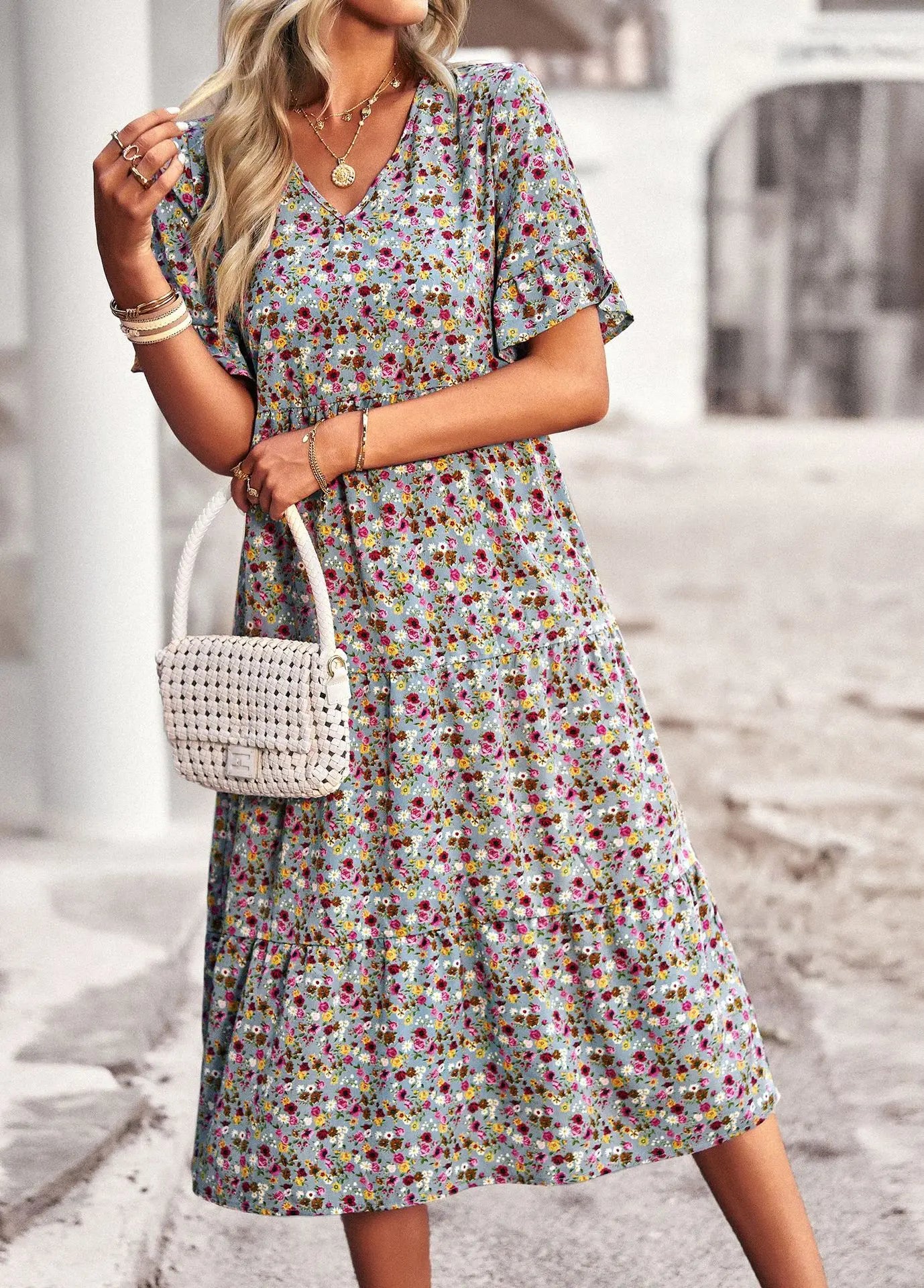 Msfilia Fashion V Neck Elegant Printed Dress Women Summer Short Sleeve High Waist A Line Floral Holiday Dresses