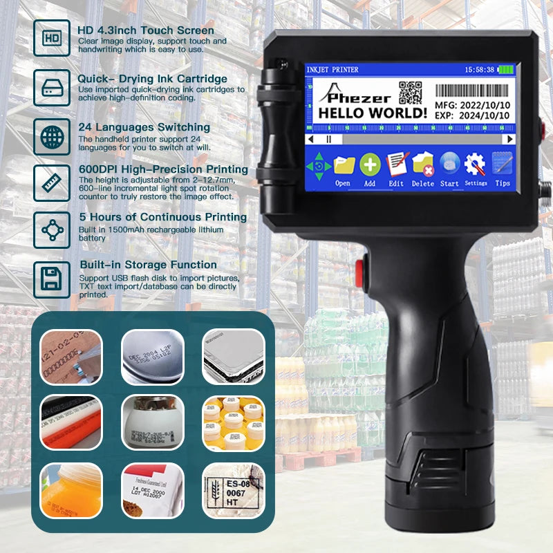 Phezer P15 12.7/25.4mm Handheld Inkjet Printer 28 Languages QR Code Barcode Batch Code Date Marking Expiration Date Coder