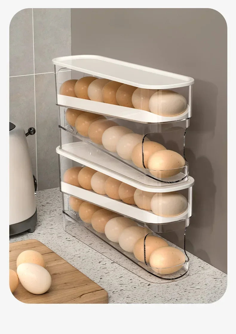 Double Layers Egg Storage Box Refrigerator Automatic Rolling Slide Egg Rack Refrigerator Side Door Freshness Box Kitchen Storage