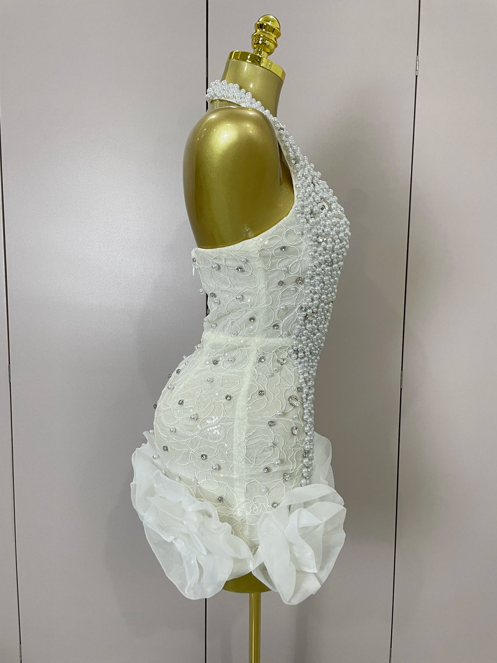 High Quality Luxury Shiny Diamonds Pearl Flowers Deep V Halter Short Dress Women Celebrate Eveing Celebrity Birthday Party Dress