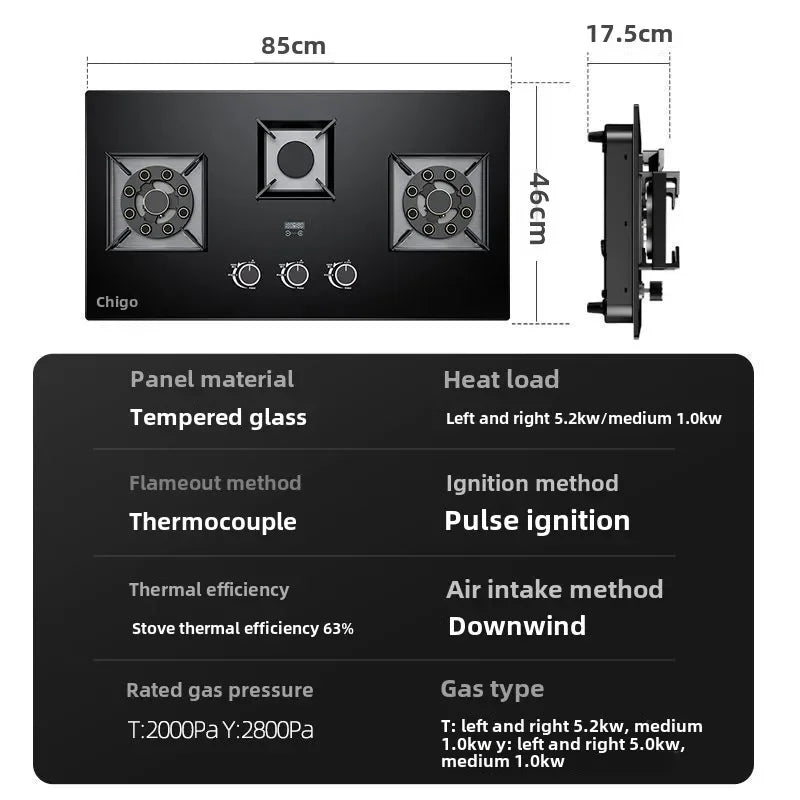 Embedded Three-Burner Gas Stove Dual Fuel Natural Gas LPG Household