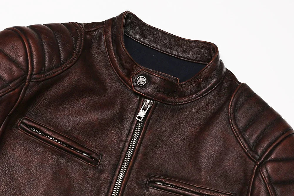 2025 Vintage Brown Genuine Leather Jacket Real Natural Cowhide Men Motorcycle Biker Coat Mens Slim Calf Skin Coat