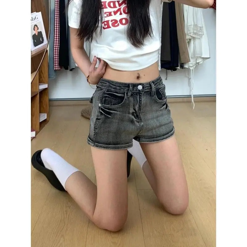 Black and Gray Low-rise Denim Super Y2k Shorts Women Washed Old Slim Elastic Hot Pants Booty Shorts