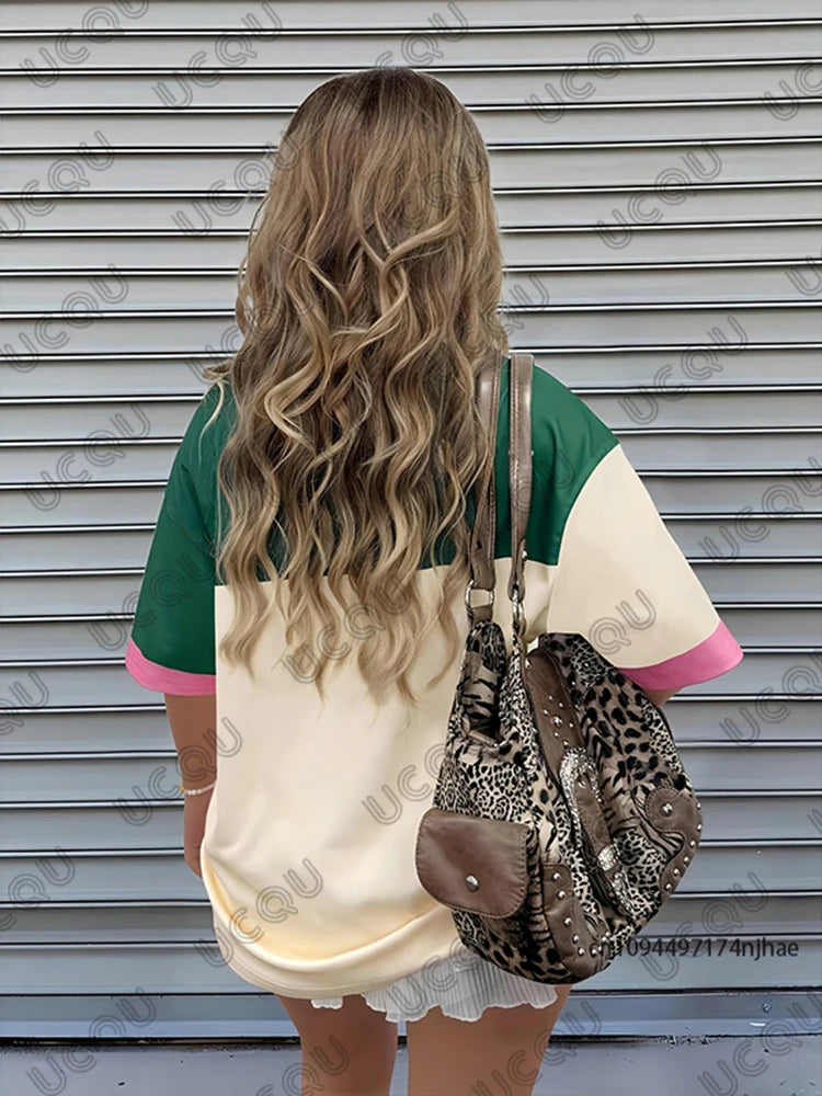Summer New No.33 Print T-Shirt For Women Patchwork O-Neck Short Sleeve Sports Tees Football Jersey Y2K Loose Oversized Tops