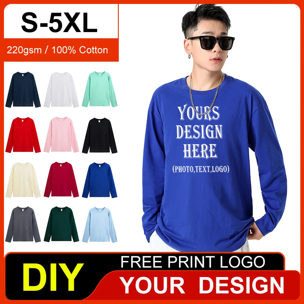 Long sleeve T-shirt Solid Color Top Tees Custom Print Your Design Autumn Plain Cotton Tshirts Plus Size Undershirts For Man