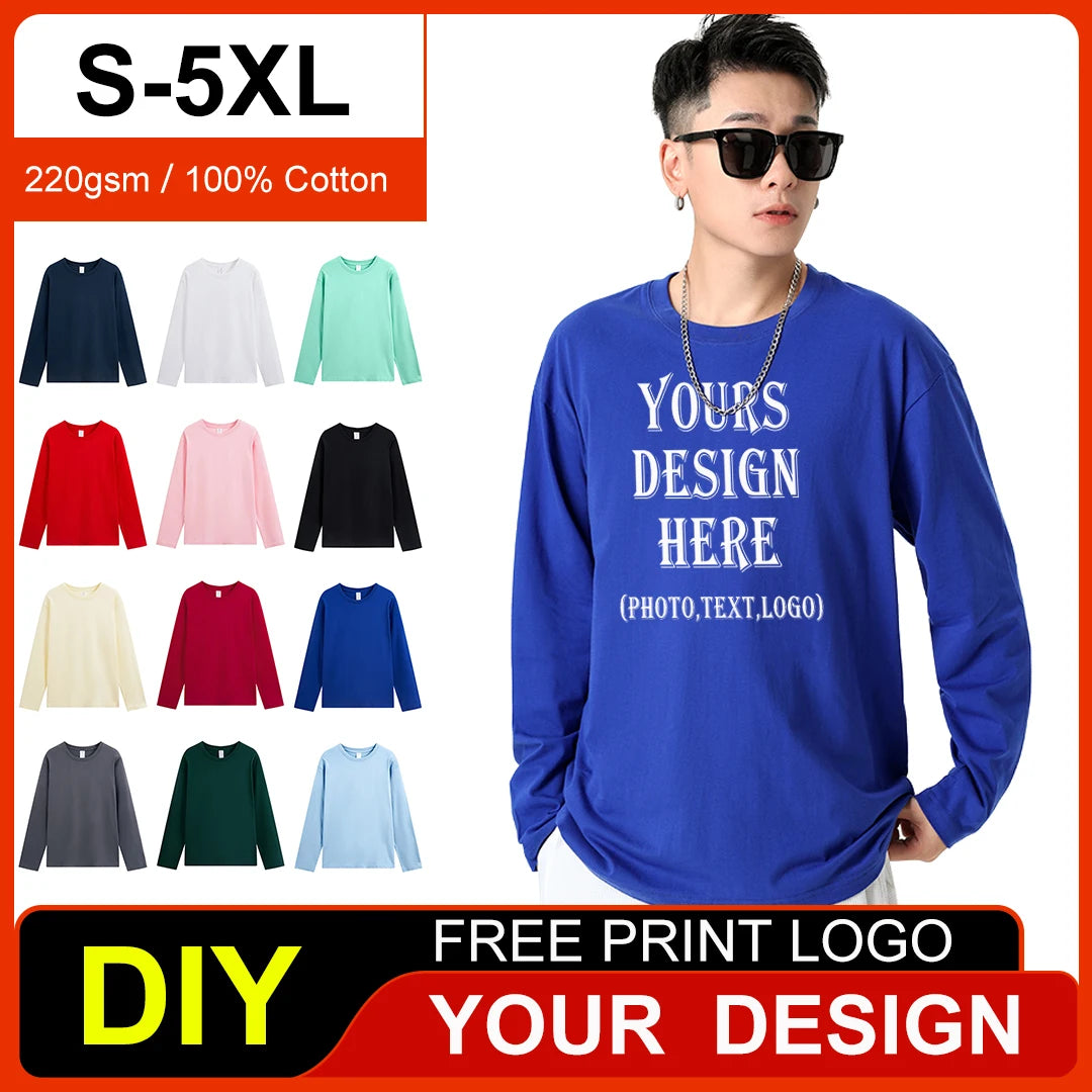 Long sleeve T-shirt Solid Color Top Tees Custom Print Your Design Autumn Plain Cotton Tshirts Plus Size Undershirts For Man