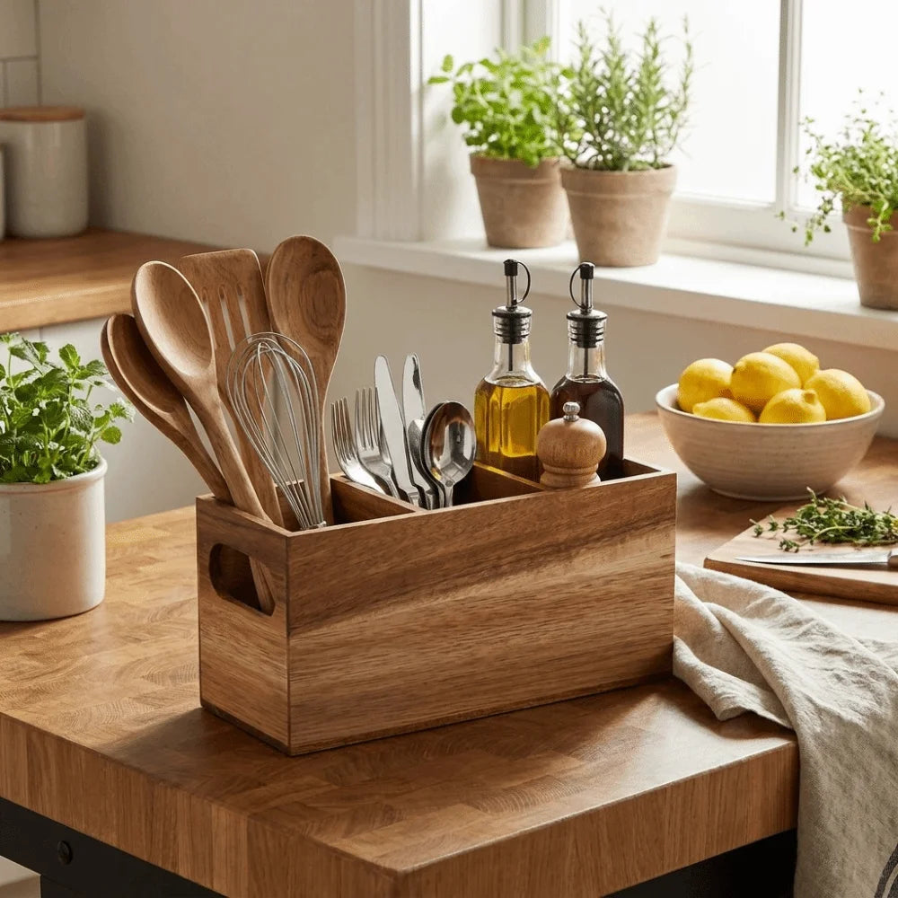 Kitchen Tools Wooden Utensil Organizer Space Saving 3 Compartment Cutlery Holder Rustic Durable Storage Rack Kitchen