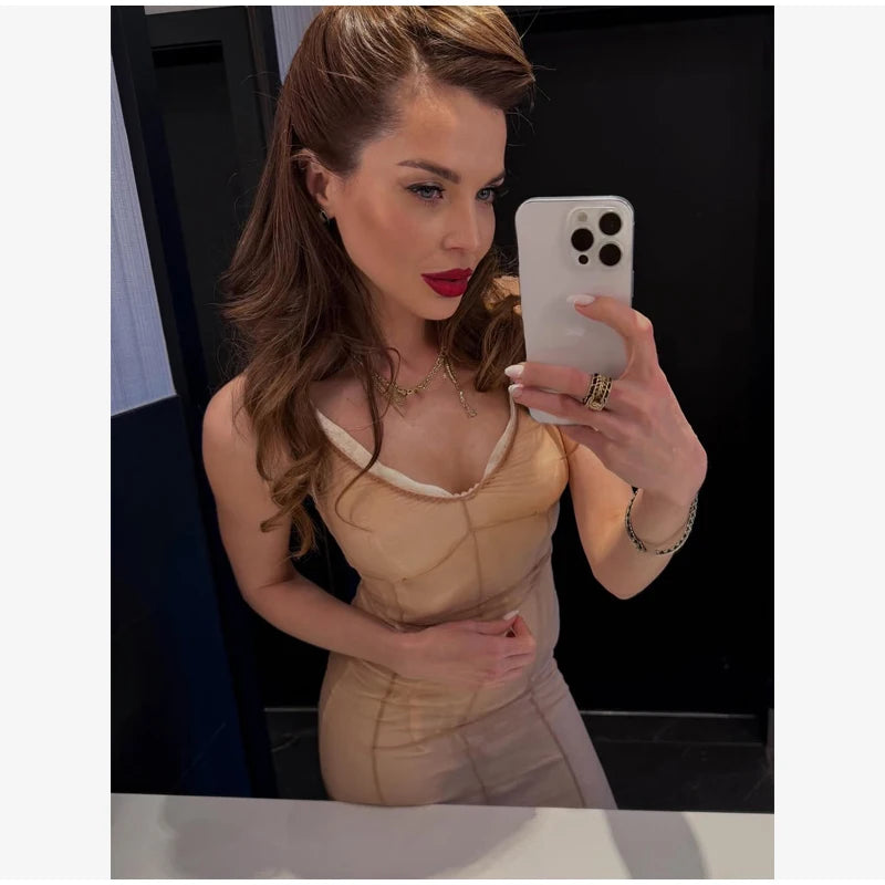 Sexy Sheer Mesh Overlay Midi Dress Women Sleeveless Waist Cinched Lace-trim Bodycon Sling Dress 2026 Lady Trendy Party Robe
