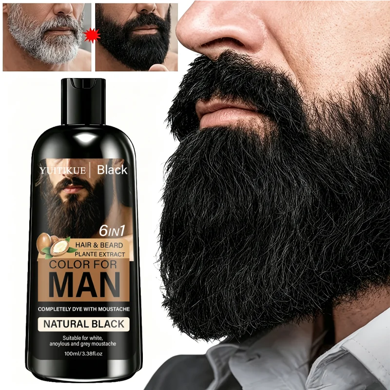 YUITIKUE Men Hair Color Beard Dye Long Lasting Natural Black Shade Plant Based Formula Easy to Apply 100ml