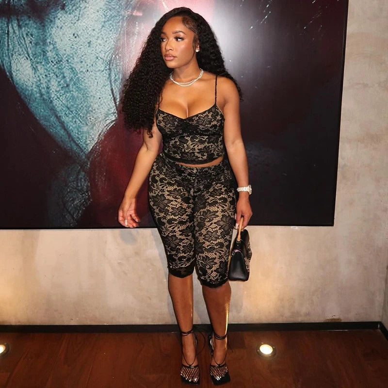 Sexy Women Hollow Out Spaghetti Strap Lace Capri Set Two-Piece Outfits Night Out Club Overalls Rave Outfits