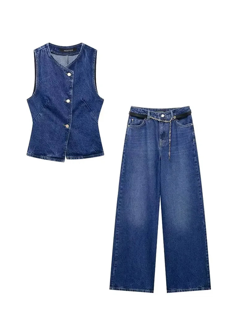 HH 2025 Summer Women Fashion Denim Trousers Set Solid Cropped Vest Top + Chain Lace Up Versatile Female Wide Leg Long Pant