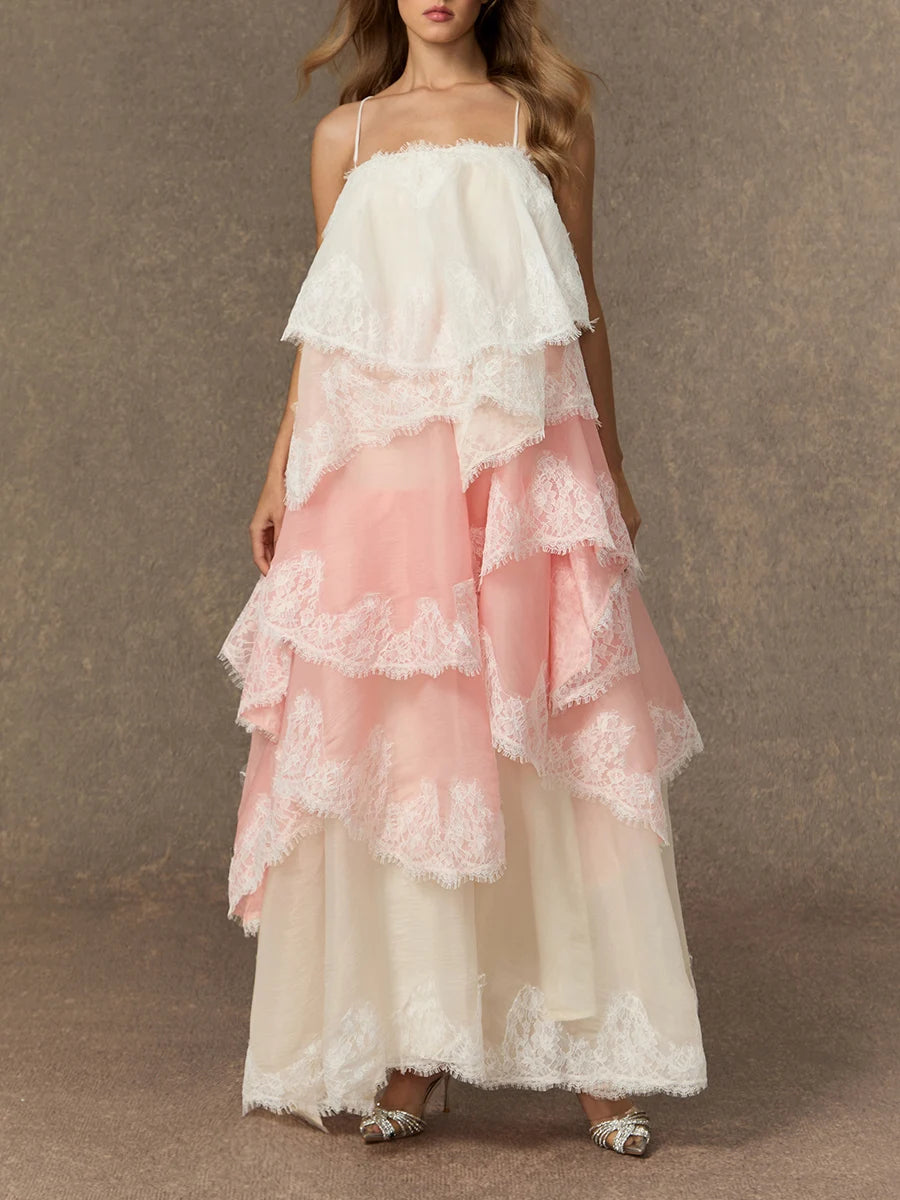TWOTWINSTYLE Colorblock Loose Spliced Ruffles Dress for Women Square Neck Sleeveless Patchwork Lace Dresses Female Elegant New