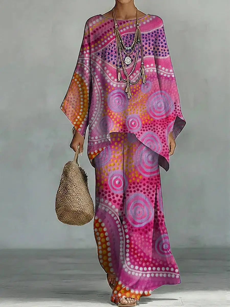 Bohemian Foreign Style Printed Women's Two-piece Set Spring Fashion O-neck Loose Top+wide Leg Pants Suit Ladies Office Outfit