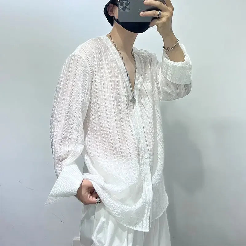 Simple Loose Hollowed-out Draped V-neck Loose Shirt for Men Solid Color Y2K Blouse Fashion Tops Chic Casual Male Clothes