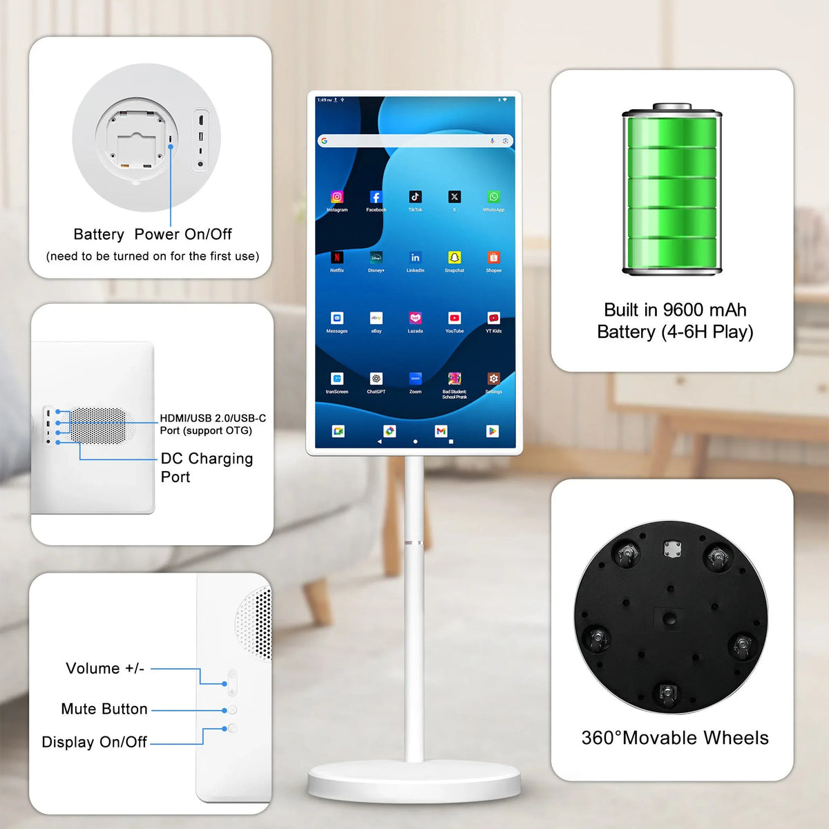 32” Android 15 Floor Stand TV, 6G+128G Smart Screen with Remote Controller, 2K Camera Video Call, Inbuit 148WH Battery Power
