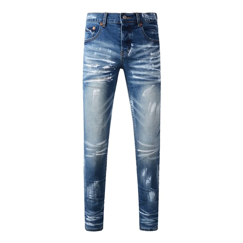 High Street American Distressed Men's Jeans Fashion Brand Coated Blank Stretch Skinny Button Fly Ripped Pants Trousers
