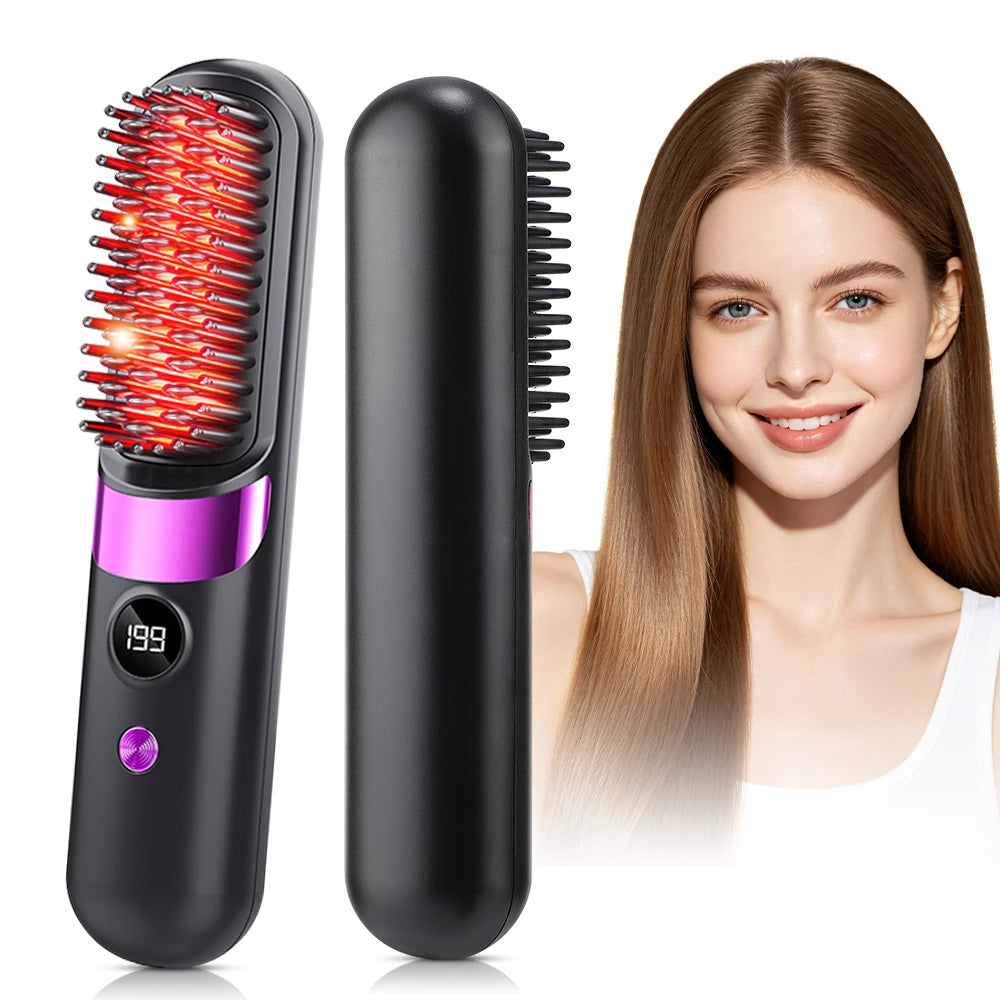 Portable Hair Straightener Brush 4 Temp Setting Cordless Straightening Comb LED Display Ceramic Coating Ionic Technology Styling