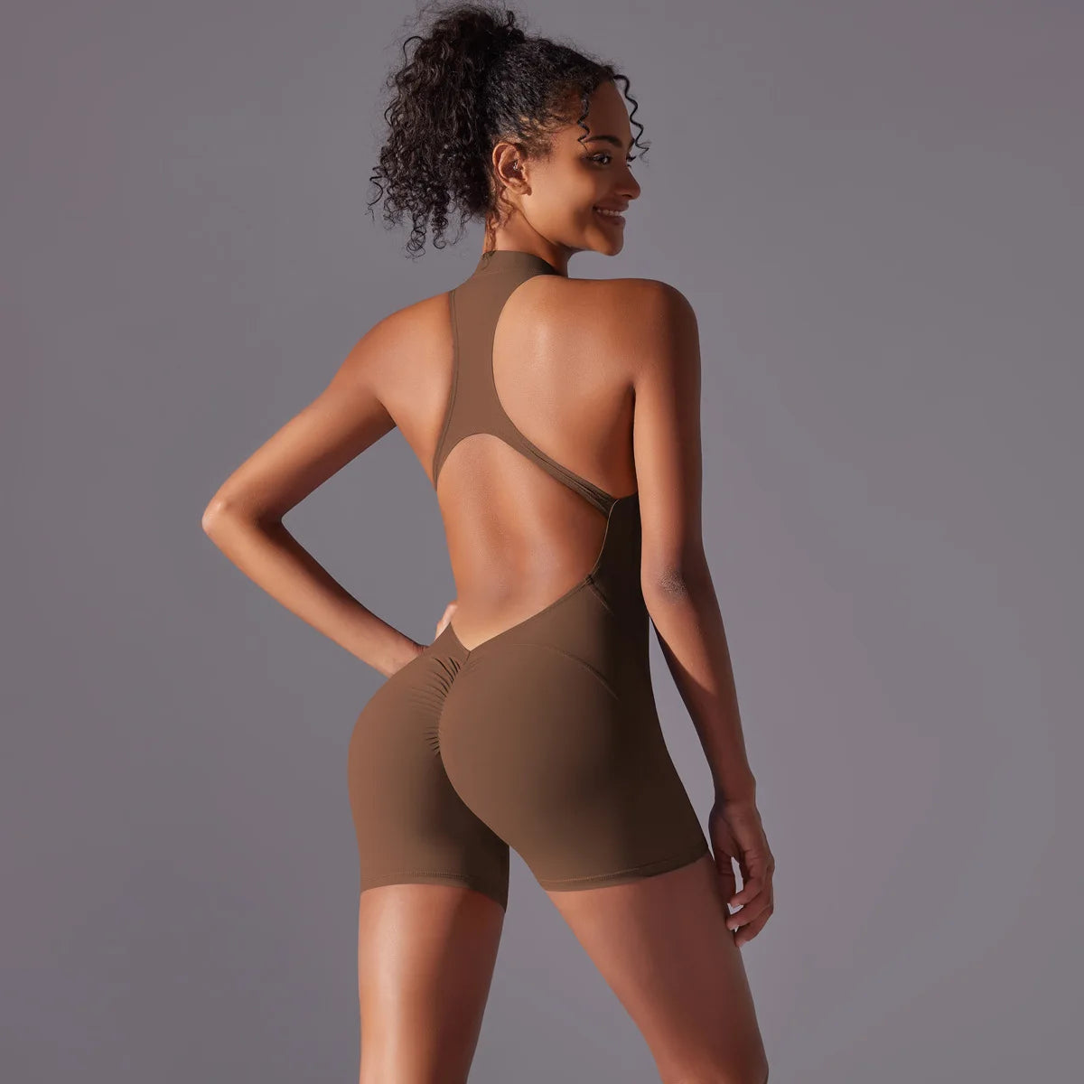 Women's High Neck Zip-Up Yoga Bodysuit, Sleeveless Hollow Back Scrunch Butt Lifting Romper, Buttery Soft Workout Activewear
