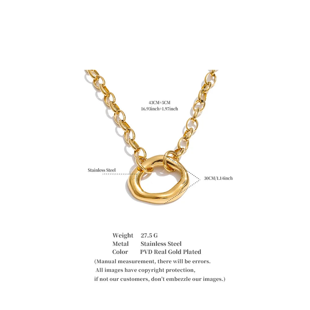 Yhpup Stainless Steel Metal Hollow Round Pendant Statement Necklace 16K Golden Platinum PVD Plated Daily Casual Collar Jewelry