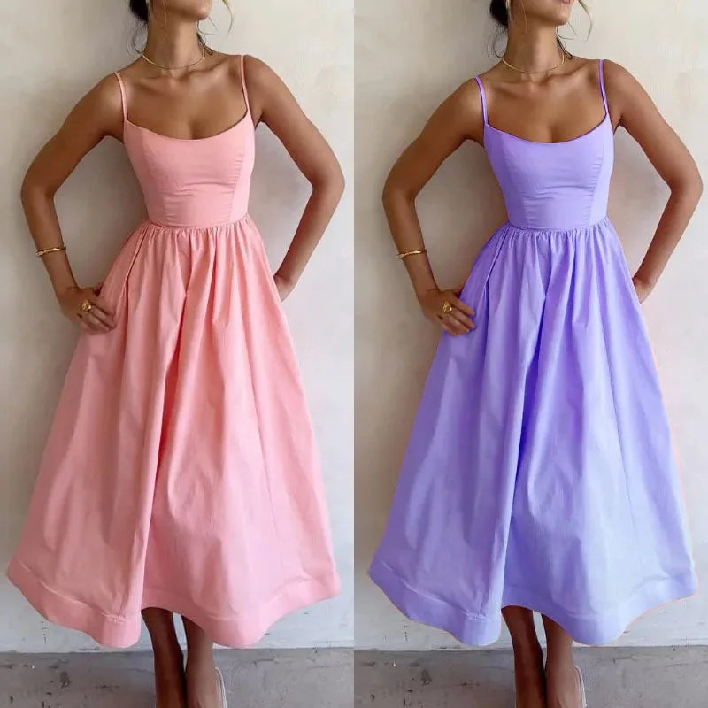 Women's Fashionable Dress 2025 New Summer Solid Color U-neck Waist-fitted Tank Dress Sexy Pleated Waist-length Sleeveless Dress