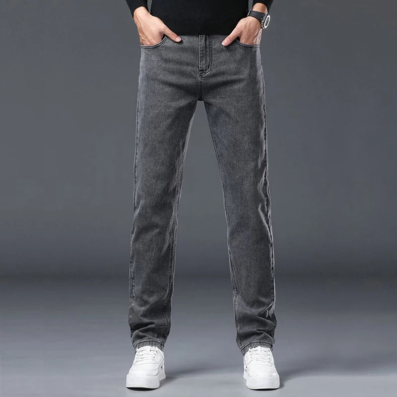 Men's Slim Jeans Korean Fashion Elastic Straight Casual Denim Pants Comfortable Work Male Spring Autumn Trousers Black Gray