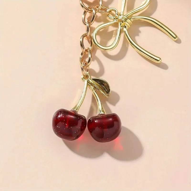 Classic Red Cherry Bow Pendant Keychain for Women Bag Decoration Car Key Chain Fashion Key Rings Party Gift Keychain Accessories