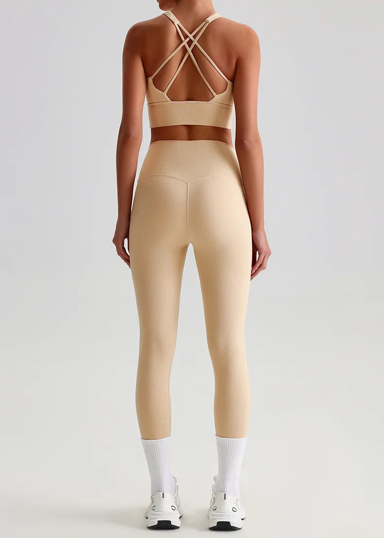 Naked Feel Yoga Set Women Fitness Sportswear 2 Piece Strappy Sports Bra High Waist Gym Leggings Workout Outfit Active Wear