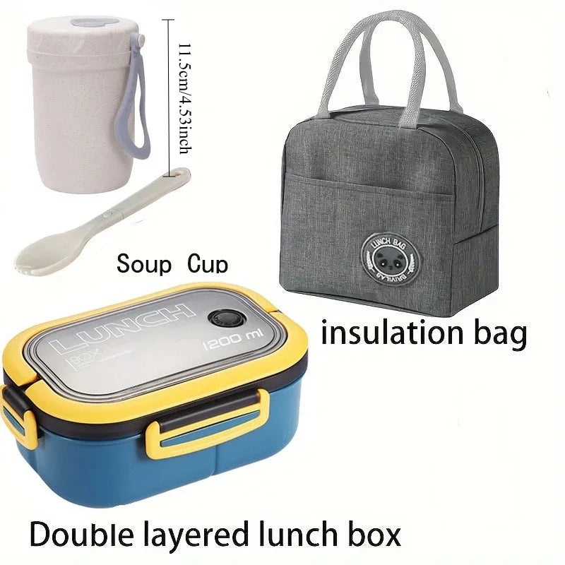Portable Single Double-layer Lunch Box with Fork And Spoon - Compartment Fruit Food Container for Microwave And Picnic Freshness