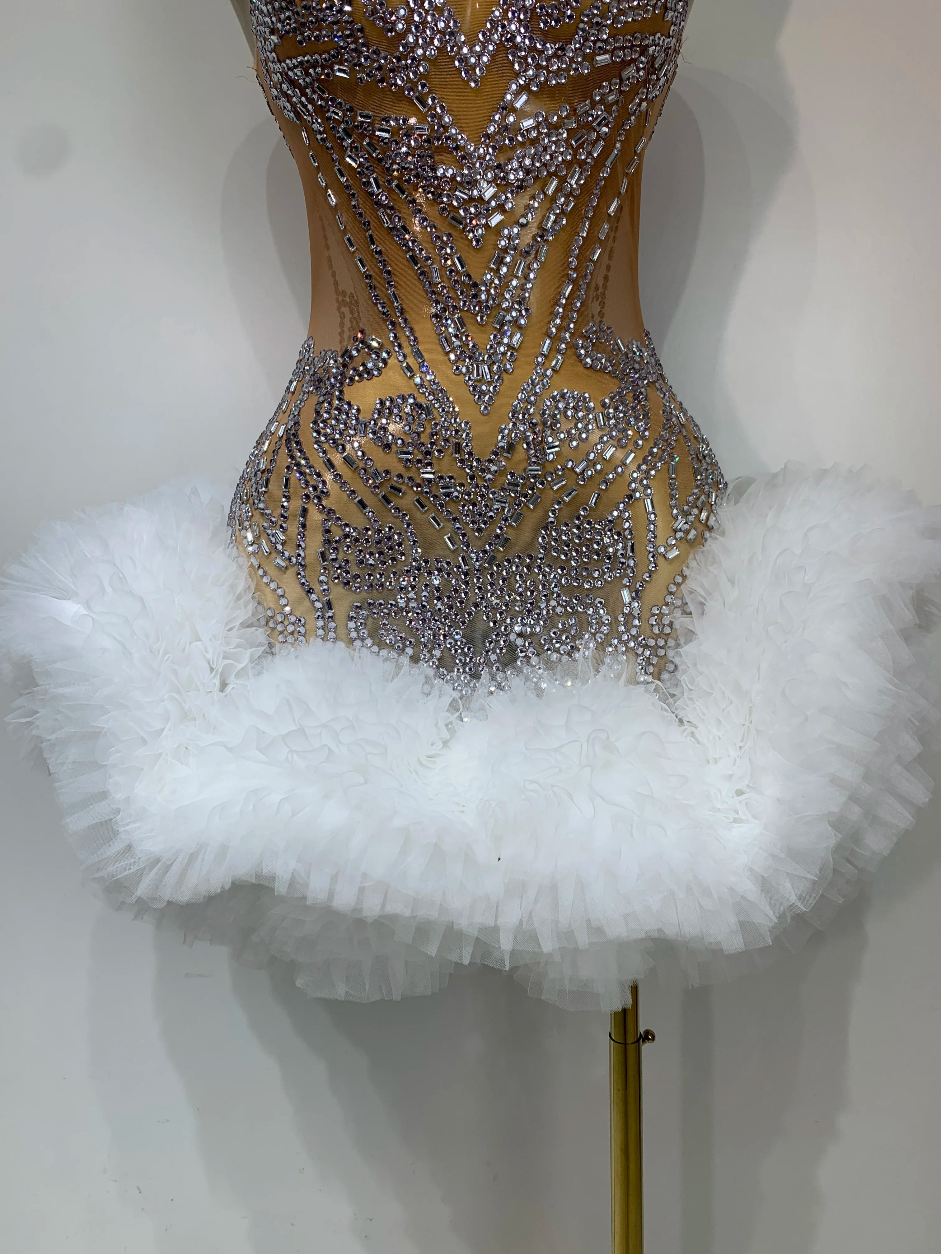 Luxury Women Sexy Sparkly Rhinestone Sleeveless Mesh See Through Bodycon Mini Birthday Dress Evening Party Performance Costume