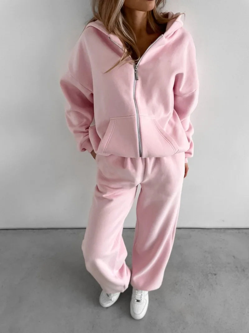 Women's Casual Suit Solid Color Long Sleeve Hooded Cardigan Pocket Sweater Elastic Pants Two-piece Set