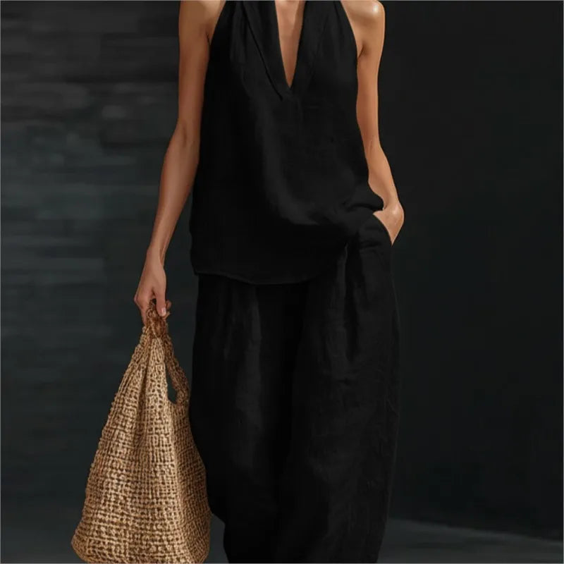 Loose Two-piece Halter Neck V-neck Sleeveless Top Trousers 2026 Summer Women's Fashion Solid Color Casual Womens Matching Sets