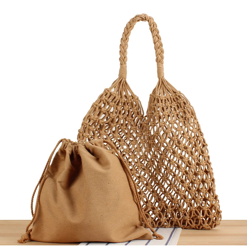 Hollow Crochet Mesh Woven Shoulder Bag With Inner Pocket,Women Solid Color Handbag,Summer Work Beach Vacation Commuting Tote Bag