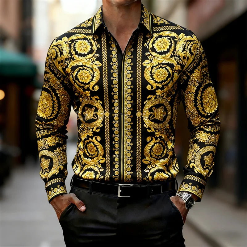 Men's Shirt Luxury Baroque Style Gold Pattern Long Sleeve Shirt Fashion Slim Palace HD Print Shirt AliExpress Hot Sale XS-6XL