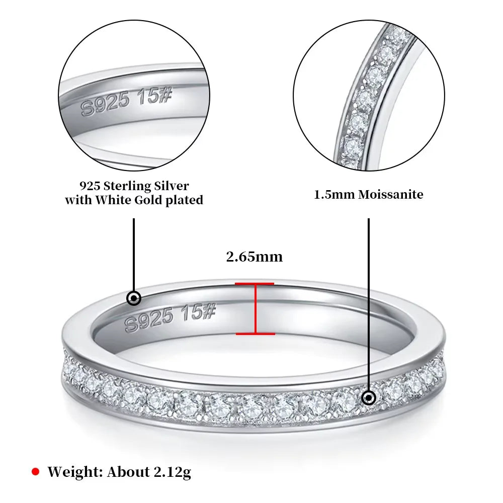 1.5mm Full Moissanite Rings for Women Eternity Wedding Band S925 Sterling Silver D Color Channel Set Lab Diamond Fine Jewelry
