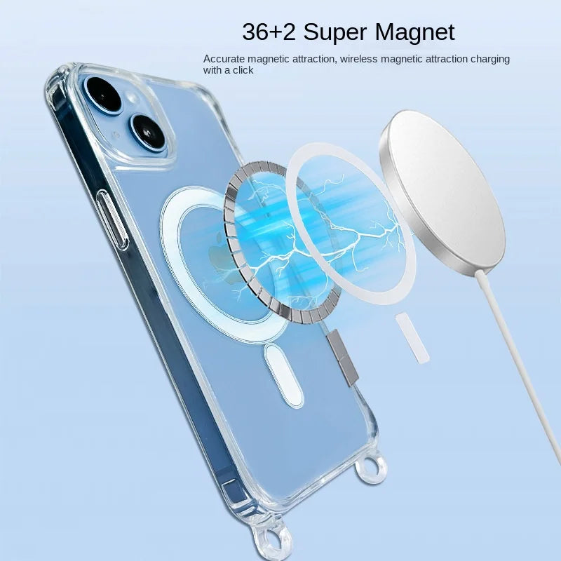Crossbody Lanyard Clear Magnetic Case For iPhone 18 17 Air 16 15 Plus 14 13 12 Pro Max For Magsafe Acrylic Hard PC Back Cover
