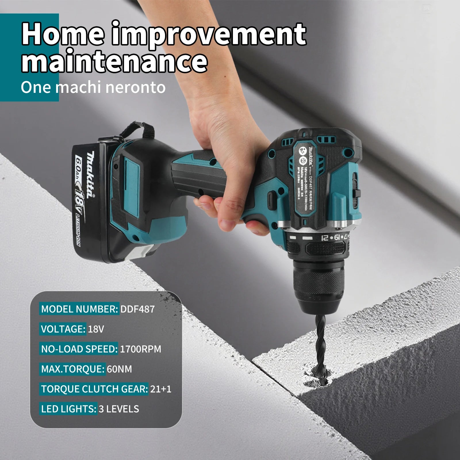 MAKITA 18V New DDF487-10mm electric hand drill 1700RPM  lithium-ion charging impact drill, high torque electric screwdriver