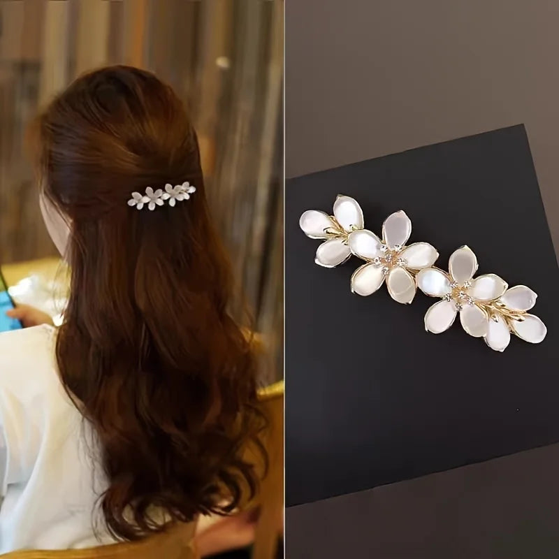 Elegant Floral Hair Barrette, French Clip Spring Hair Claw, Rhinestone Accents, Bridal Hair Accessory For Half-Up Hairstyles