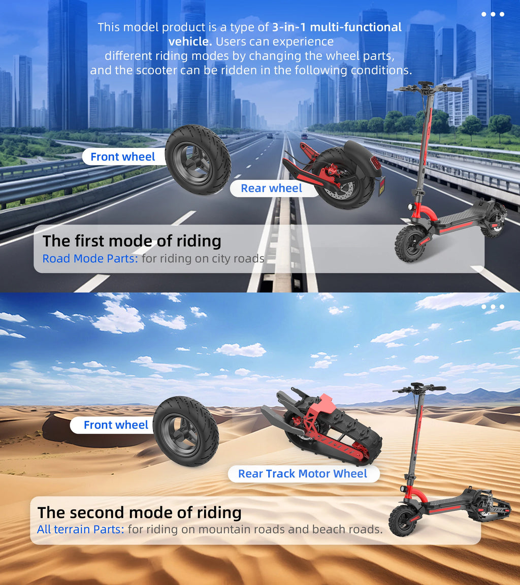 3-in-1(All-Terrain mode+Road mode+Ski mode) Snow Scooter 2000W 48V20Ah Snow Sled E-Scooter Sleigh Wheel Electric Scooter