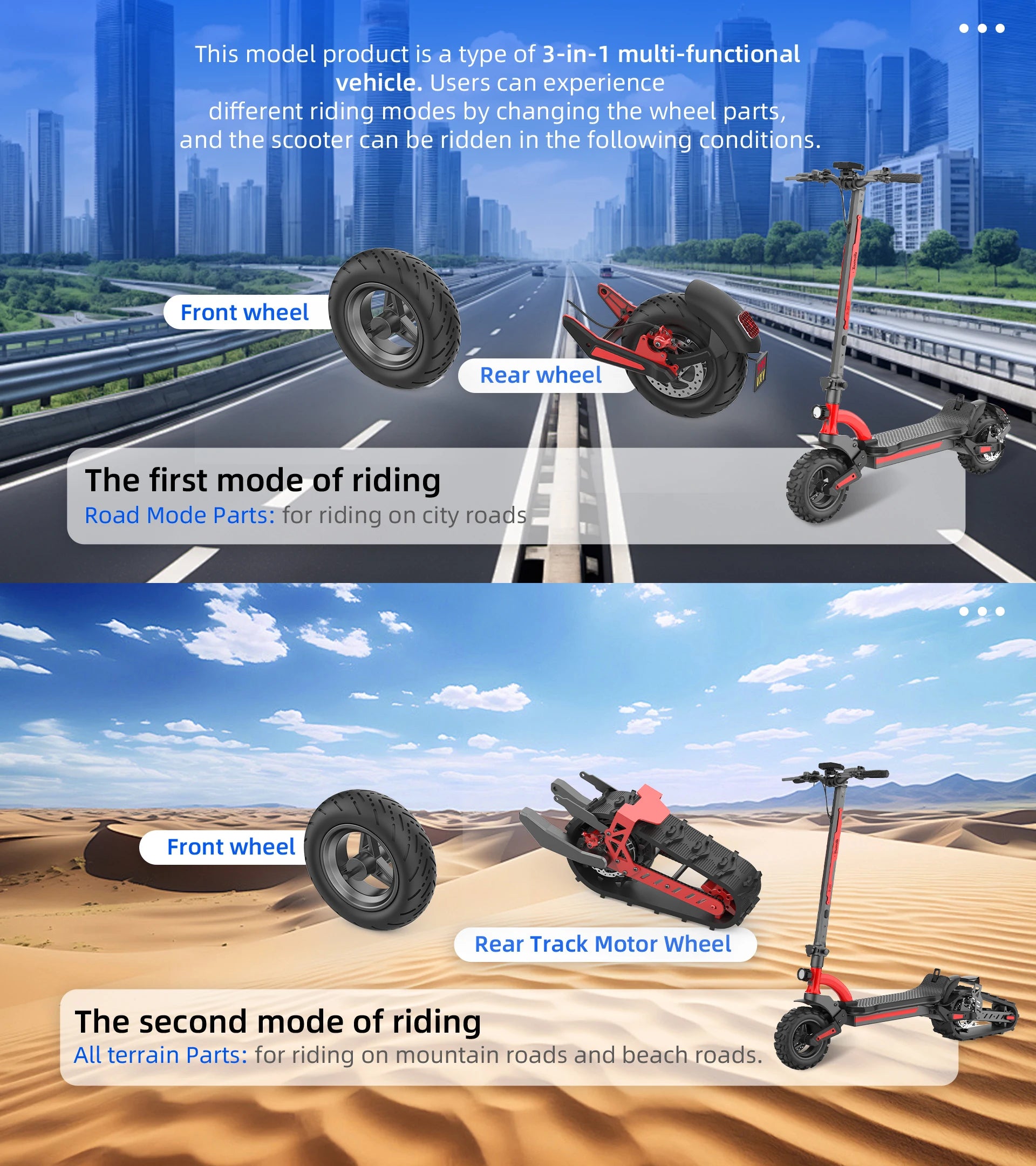 3-in-1(All-Terrain mode+Road mode+Ski mode) Snow Scooter 2000W 48V20Ah Snow Sled E-Scooter Sleigh Wheel Electric Scooter