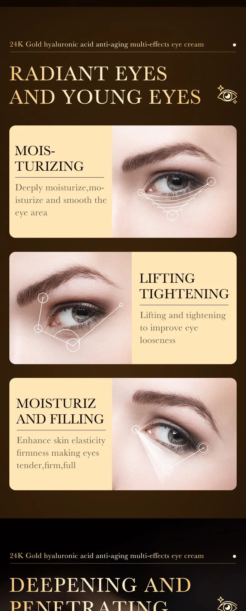 40G24K Gold Hyaluronic Acid Eye Cream Anti-Dark Circles, Firming and Moisturizing Eye Care Product