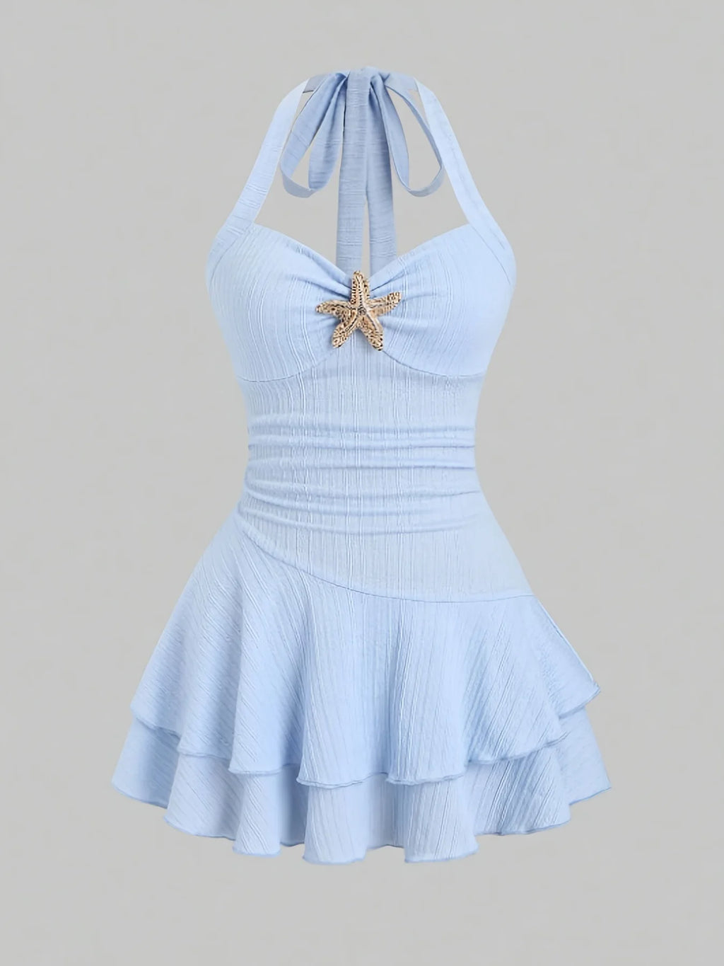 Women Summer Halter Mini Dress Sexy Tiered Ruffle Bodycon Short Dress with Starfish Decor Vacation Beach Party Outfit