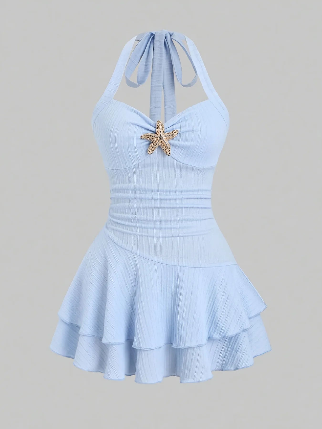 Women Summer Halter Mini Dress Sexy Tiered Ruffle Bodycon Short Dress with Starfish Decor Vacation Beach Party Outfit