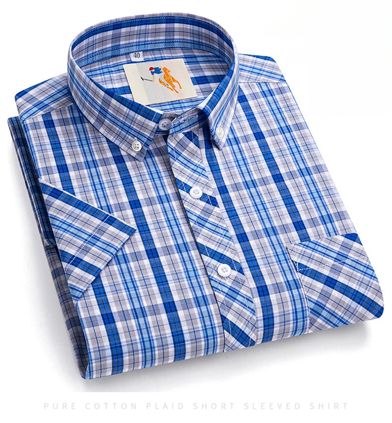 Fashion Korean Plus Size 8XL 100%Cotton Short Sleeve Shirts for Men Slim Fit Formal Plain Shirt Plaid Hawaiian Shirt Casual Top