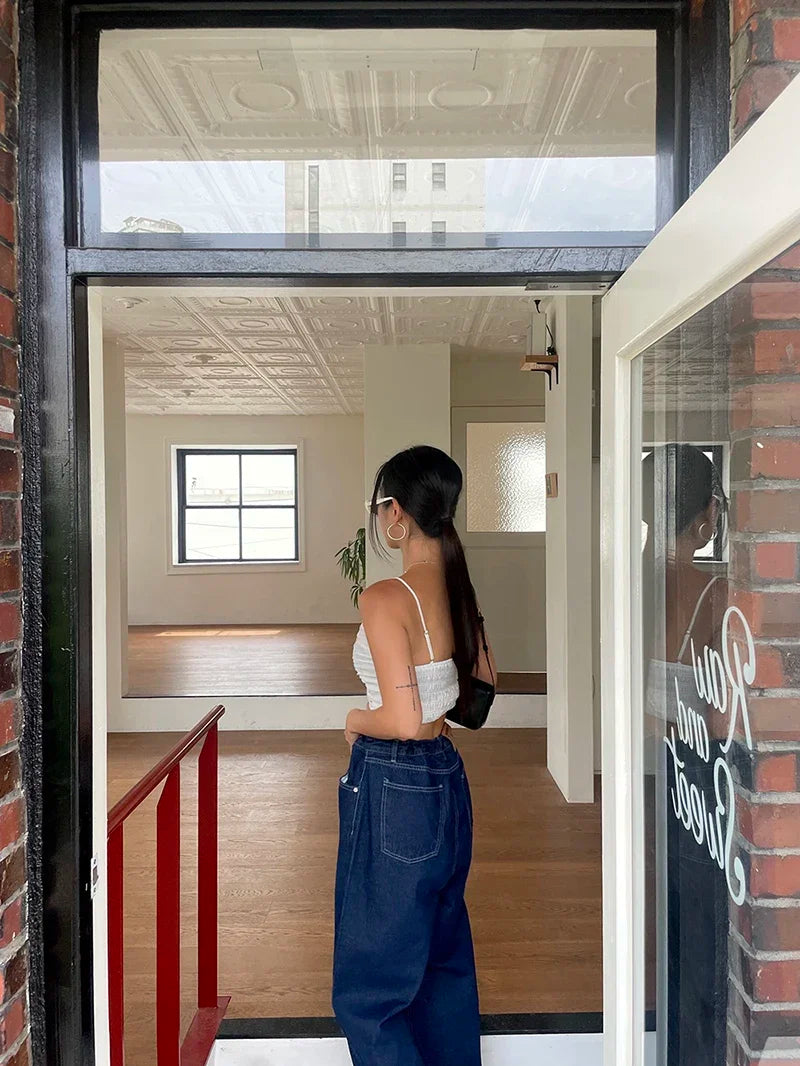 Retro High-waisted Women's Straight Jeans Summer New Fashion Loose Drawstring Design